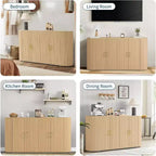 Buffet de salle à manger moderne 63" avec façades cannelées, crédence à bords arrondis et étagères réglables, meuble console de rangement pour salle à manger, chêne