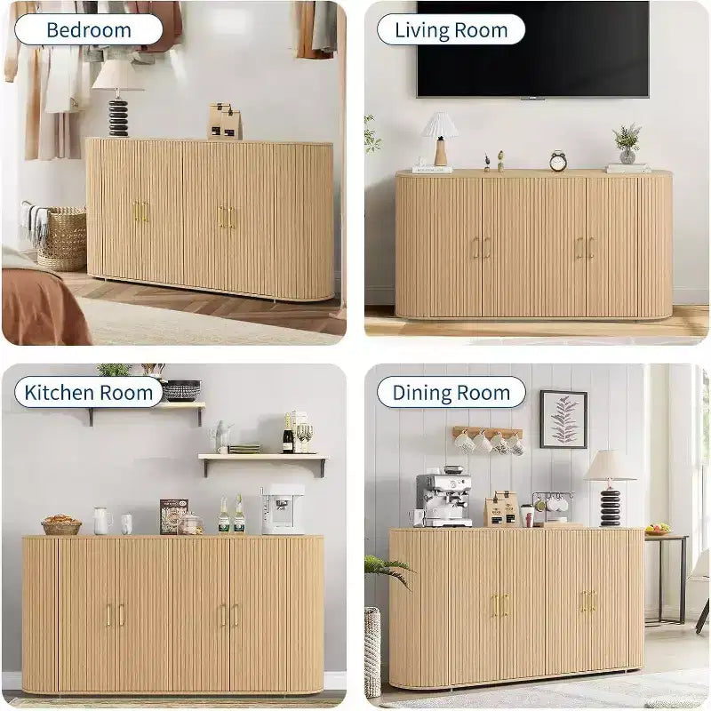 Buffet de salle à manger moderne 63" avec façades cannelées, crédence à bords arrondis et étagères réglables, meuble console de rangement pour salle à manger, chêne
