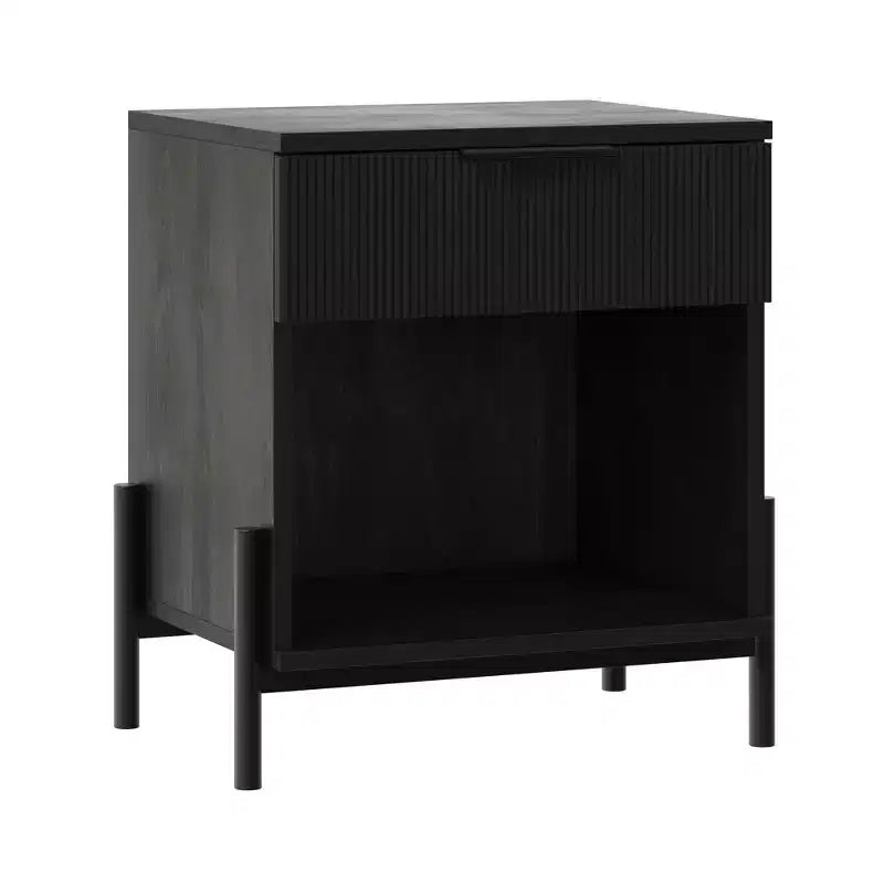 Table de chevet moderne à tiroir cannelé avec niche ouverte noire