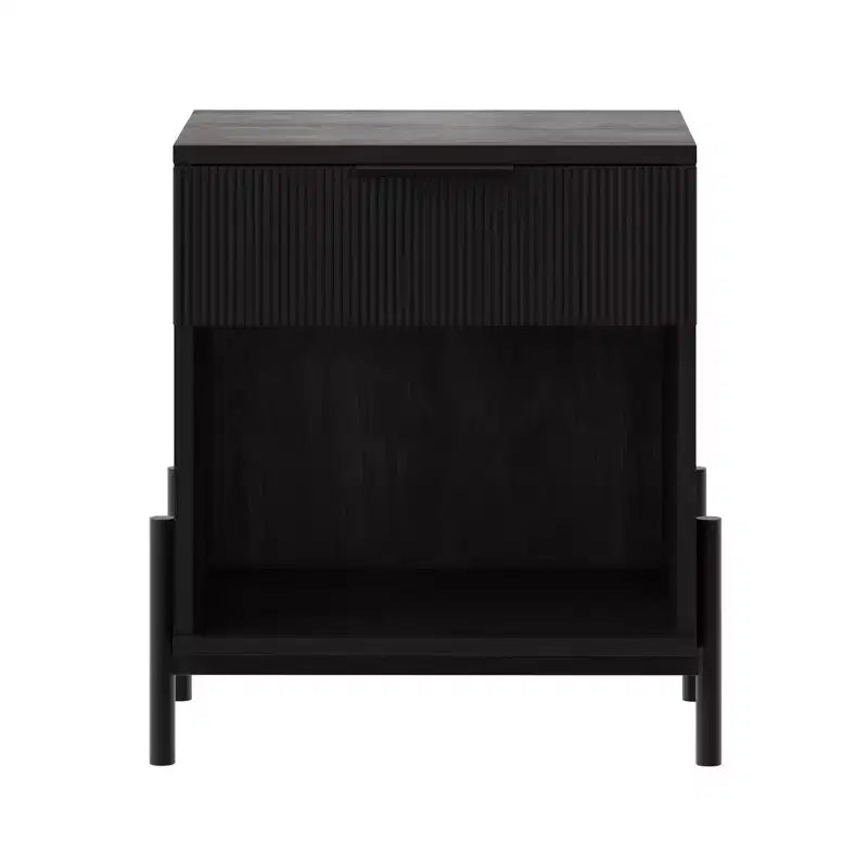 Table de chevet moderne à tiroir cannelé avec niche ouverte noire