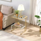 Table d'appoint Okak moderne en C à 2 niveaux avec plateau et étagère en verre, table d'appoint avec cadre en métal, table de canapé pour salon, chambre, doré