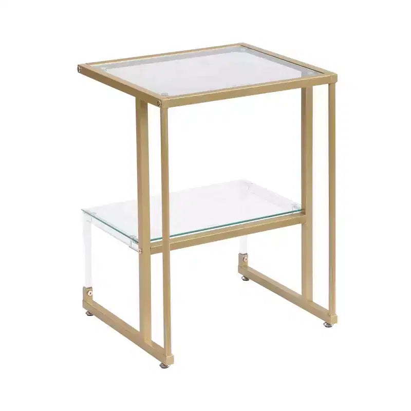 Table d'appoint Okak moderne en C à 2 niveaux avec plateau et étagère en verre, table d'appoint avec cadre en métal, table de canapé pour salon, chambre, doré