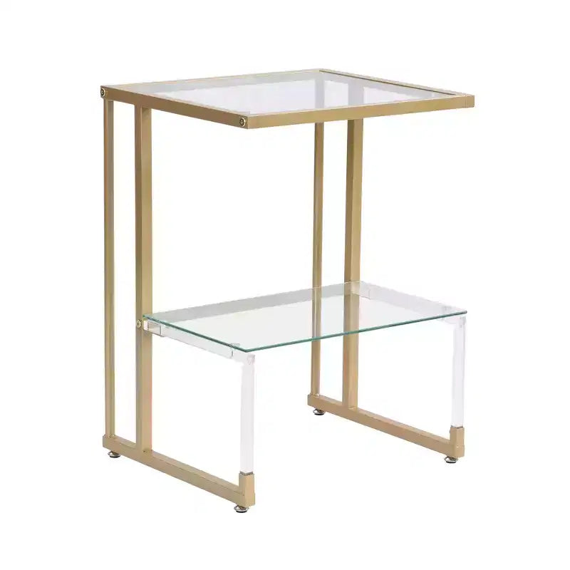 Table d'appoint Okak moderne en C à 2 niveaux avec plateau et étagère en verre, table d'appoint avec cadre en métal, table de canapé pour salon, chambre, doré