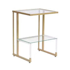 Table d'appoint Okak moderne en C à 2 niveaux avec plateau et étagère en verre, table d'appoint avec cadre en métal, table de canapé pour salon, chambre, doré