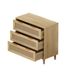 Commode à 3 tiroirs, meuble de rangement de cuisine avec 3 tiroirs profonds en rotin, buffet avec poignée en fer