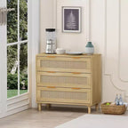 Commode à 3 tiroirs, meuble de rangement de cuisine avec 3 tiroirs profonds en rotin, buffet avec poignée en fer