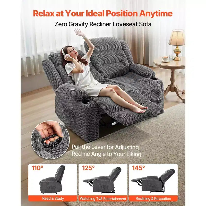 Canapé inclinable VEVOR Loveseat, canapé inclinable manuel avec chauffage et massage, canapé inclinable doux en velours côtelé avec ports USB, porte-gobelets, gris