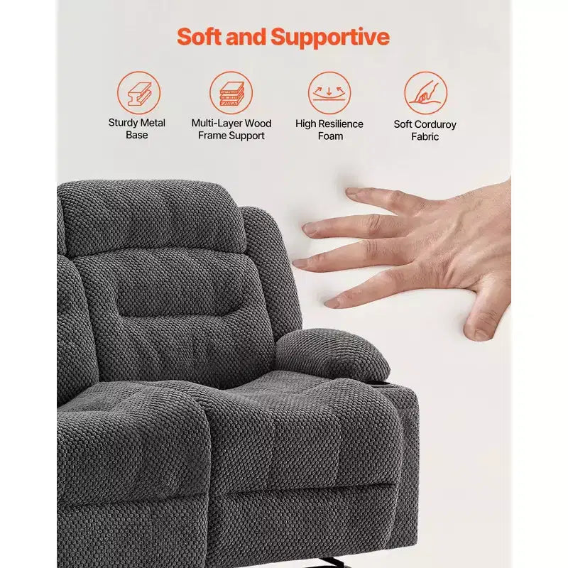 Canapé inclinable VEVOR Loveseat, canapé inclinable manuel avec chauffage et massage, canapé inclinable doux en velours côtelé avec ports USB, porte-gobelets, gris