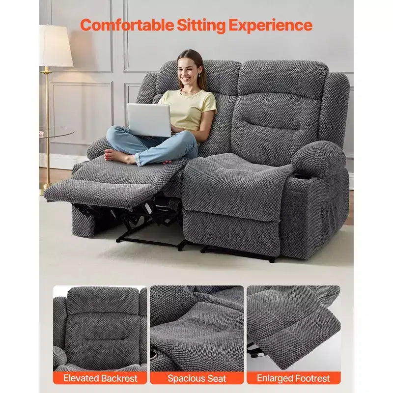 Canapé inclinable VEVOR Loveseat, canapé inclinable manuel avec chauffage et massage, canapé inclinable doux en velours côtelé avec ports USB, porte-gobelets, gris
