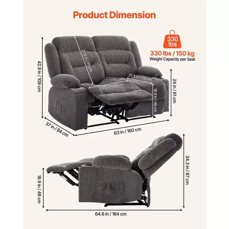 Canapé inclinable VEVOR Loveseat, canapé inclinable manuel avec chauffage et massage, canapé inclinable doux en velours côtelé avec ports USB, porte-gobelets, gris