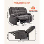 Canapé inclinable VEVOR Loveseat, canapé inclinable manuel avec chauffage et massage, canapé inclinable doux en velours côtelé avec ports USB, porte-gobelets, gris