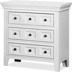 Table de chevet de style transitionnel en bois massif blanc 1 pièce seulement, pour chambre à coucher, avec boutons ronds et 3 tiroirs