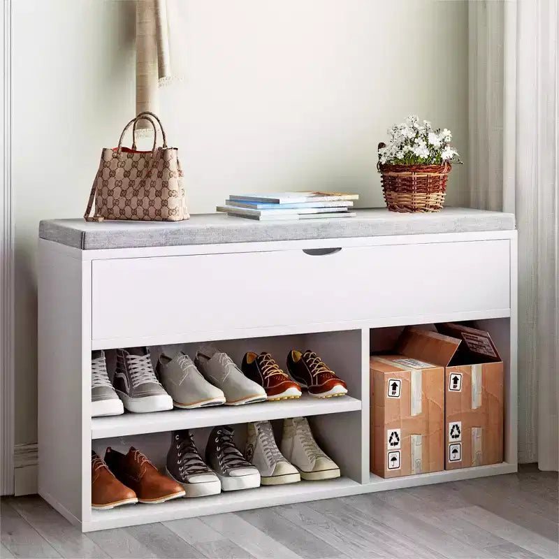 Banc de rangement pour chaussures avec coussin, Banc d'entrée avec rangement à couvercle pour couloir et salon