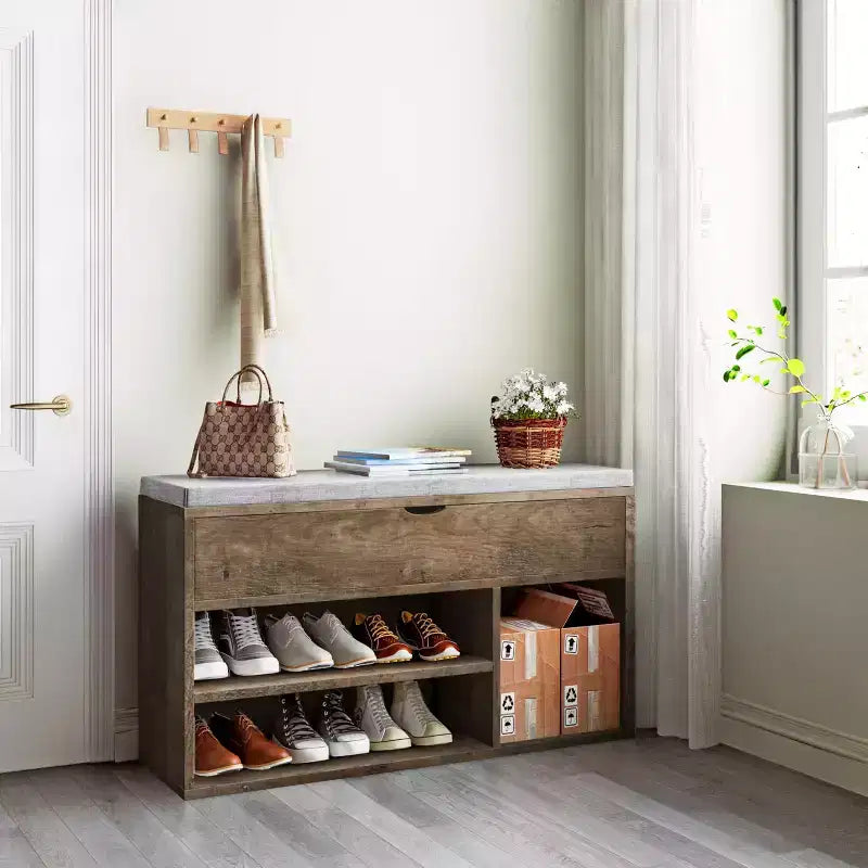 Banc de rangement pour chaussures avec coussin, Banc d'entrée avec rangement à couvercle pour couloir et salon