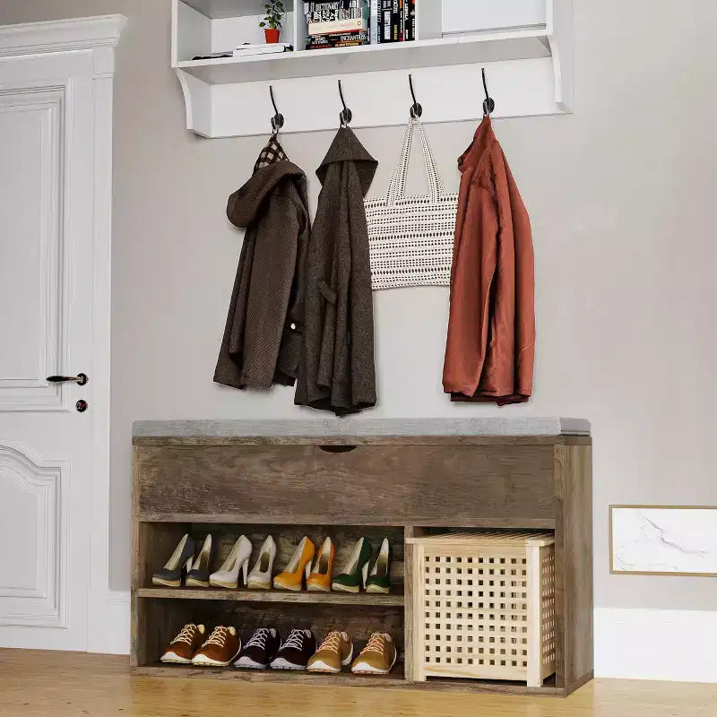 Banc de rangement pour chaussures avec coussin, Banc d'entrée avec rangement à couvercle pour couloir et salon