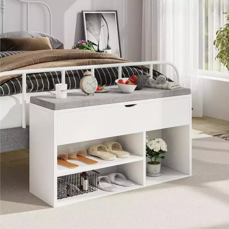 Banc de rangement pour chaussures avec coussin, Banc d'entrée avec rangement à couvercle pour couloir et salon