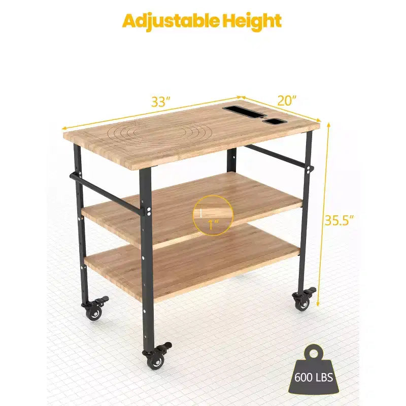 Table pour four à pizza, Table de grill extérieur avec 4 roues, Chariot de bar extérieur en bois de bambou avec porte-bouteilles et verres, Table à trois étagères