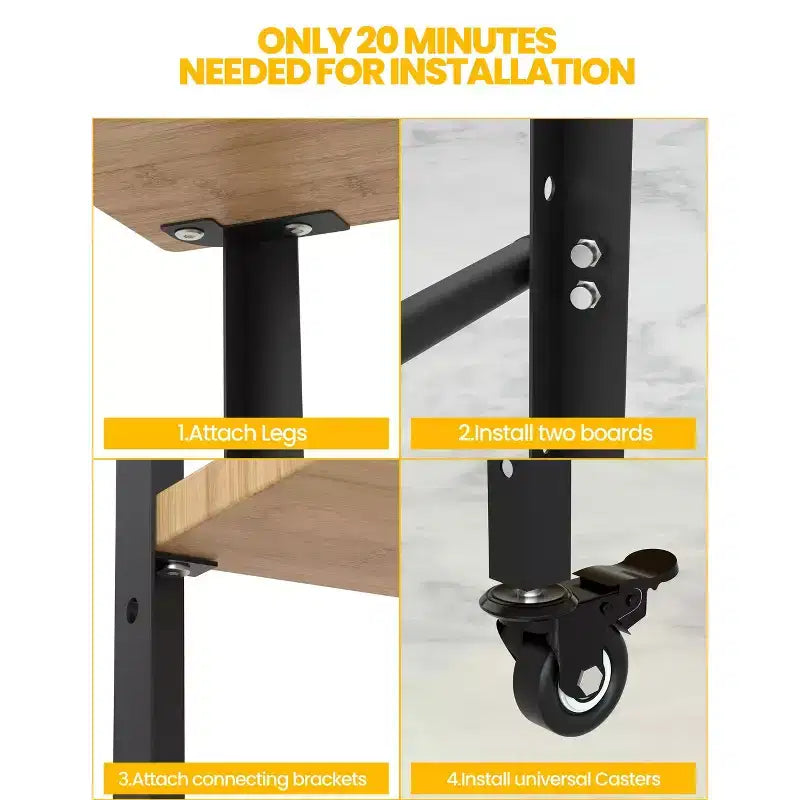 Table pour four à pizza, Table de grill extérieur avec 4 roues, Chariot de bar extérieur en bois de bambou avec porte-bouteilles et verres, Table à trois étagères