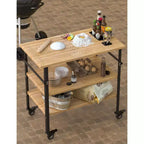Table pour four à pizza, Table de grill extérieur avec 4 roues, Chariot de bar extérieur en bois de bambou avec porte-bouteilles et verres, Table à trois étagères