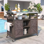 Îlot de cuisine d'extérieur Okak avec plateau en acier inoxydable, chariot de cuisine en bois avec portes, étagères et porte-épices, îlot de cuisine roulant