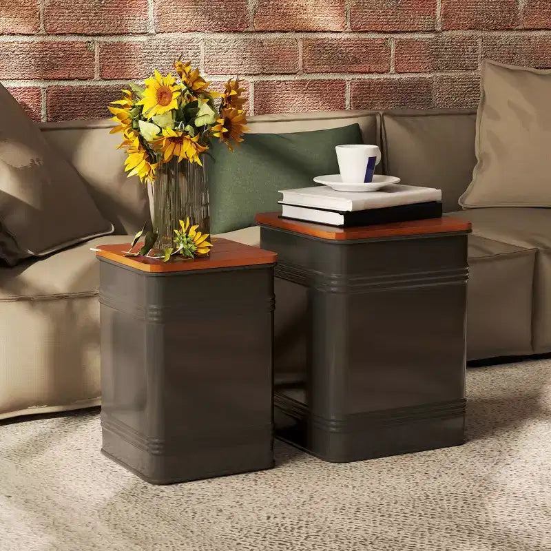 Ottoman avec rangement lot de 2, pouf gigogne industriel avec couvercle amovible, structure métallique pour salon