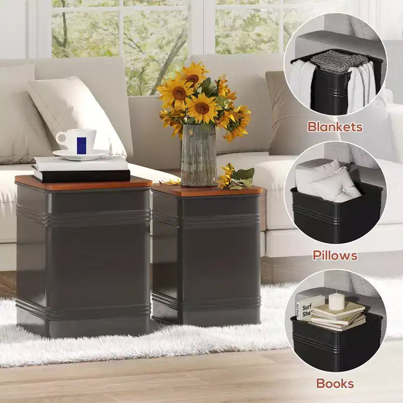 Ottoman avec rangement lot de 2, pouf gigogne industriel avec couvercle amovible, structure métallique pour salon