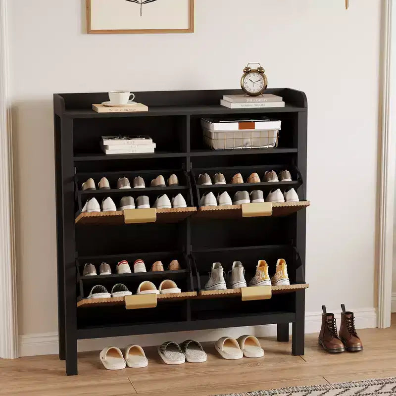 4-Drawer Flip-Top Shoe Cabinet - Vacuum-formed MDF with wave design, dual-compartment storage, ideal for balconies and storage rooms