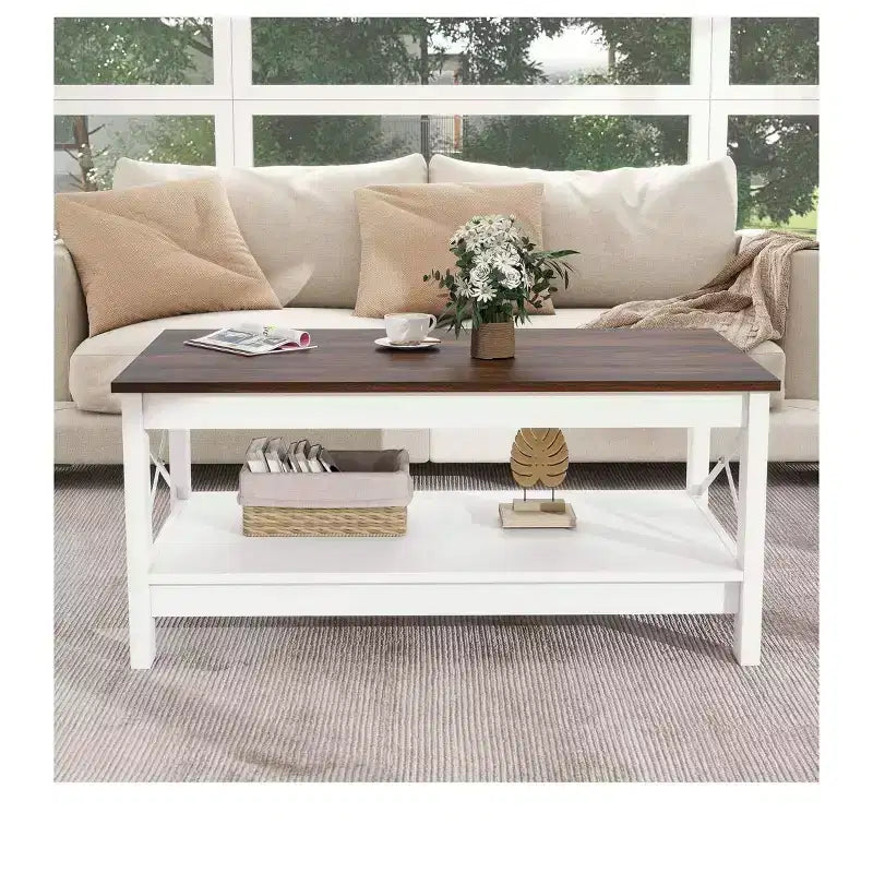 Table basse de ferme avec rangement en bois à 2 niveaux, table basse de salon, blanche