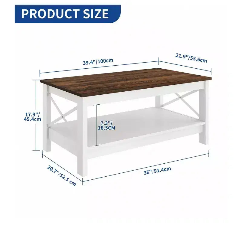 Table basse de ferme avec rangement en bois à 2 niveaux, table basse de salon, blanche