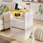 VINGLI Table de chevet blanche avec station de charge, Table de chevet LED brillante avec tiroirs, Table d'appoint