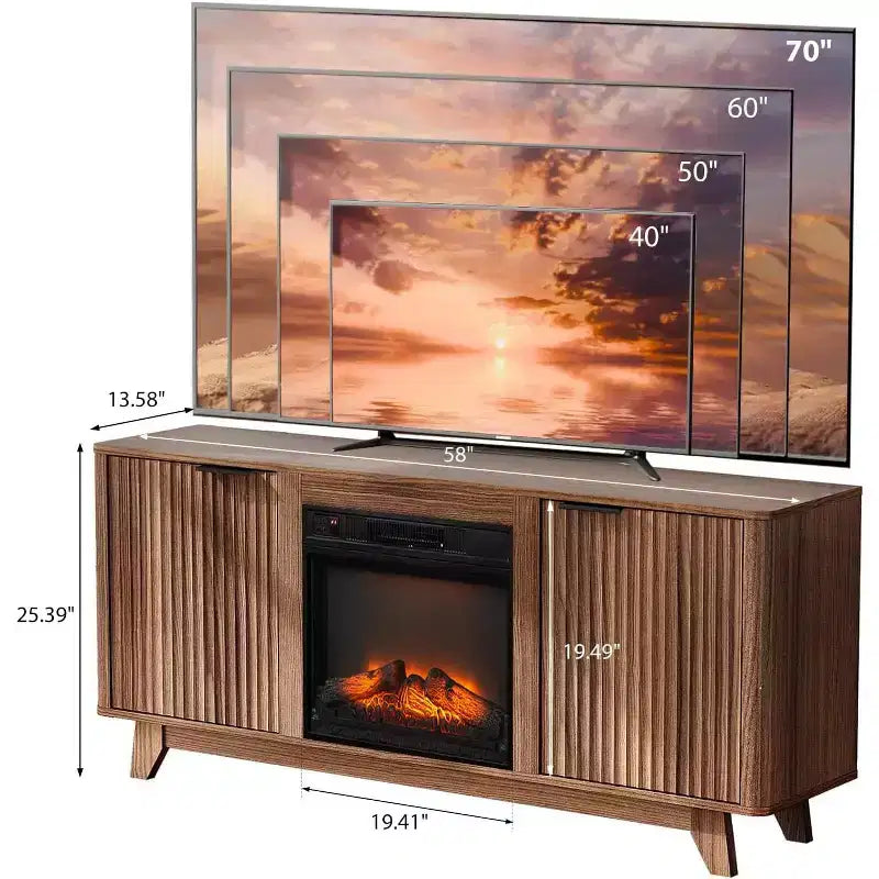 Meuble TV VINGLI avec cheminée intégrée, style cannelé, pour téléviseurs jusqu'à 70 pouces, meuble de divertissement avec chauffage électrique et étagères réglables