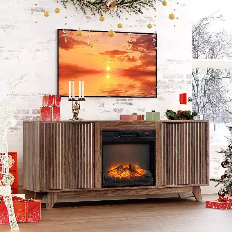 Meuble TV VINGLI avec cheminée intégrée, style cannelé, pour téléviseurs jusqu'à 70 pouces, meuble de divertissement avec chauffage électrique et étagères réglables