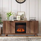 Meuble TV VINGLI avec cheminée intégrée, style cannelé, pour téléviseurs jusqu'à 70 pouces, meuble de divertissement avec chauffage électrique et étagères réglables
