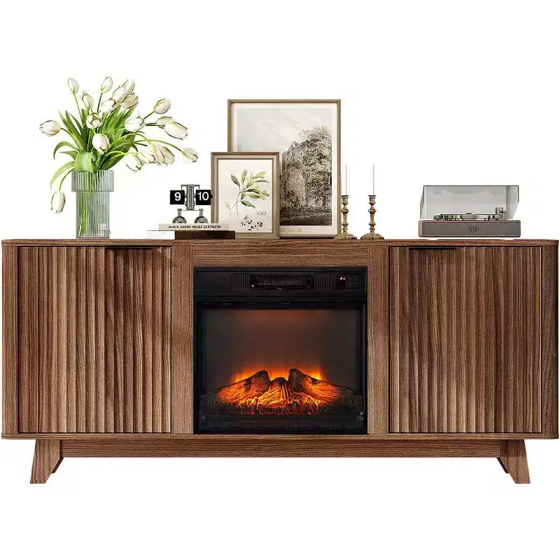 Meuble TV VINGLI avec cheminée intégrée, style cannelé, pour téléviseurs jusqu'à 70 pouces, meuble de divertissement avec chauffage électrique et étagères réglables