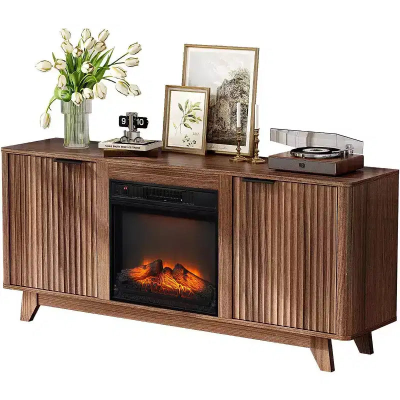 Meuble TV VINGLI avec cheminée intégrée, style cannelé, pour téléviseurs jusqu'à 70 pouces, meuble de divertissement avec chauffage électrique et étagères réglables