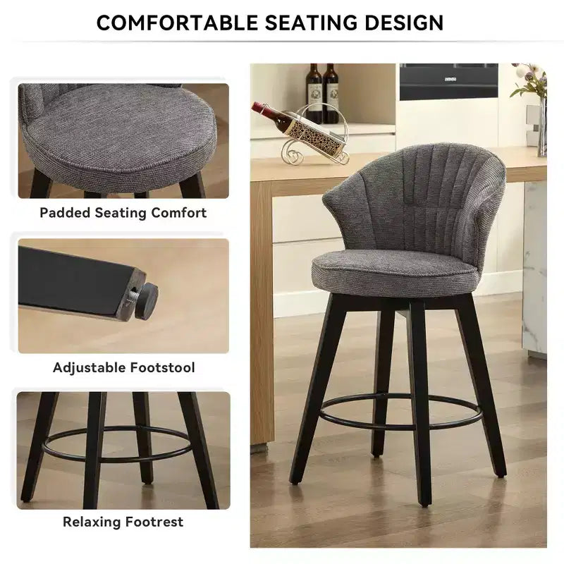 Homy Casa Lot de 2 tabourets de bar pivotants à dossier haut avec assise rembourrée et pieds en bois, gris