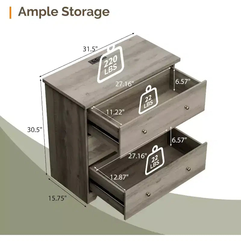 VINGLI Commode avec station de charge, commode en bois à 3 tiroirs, commode grise, chiffonnier