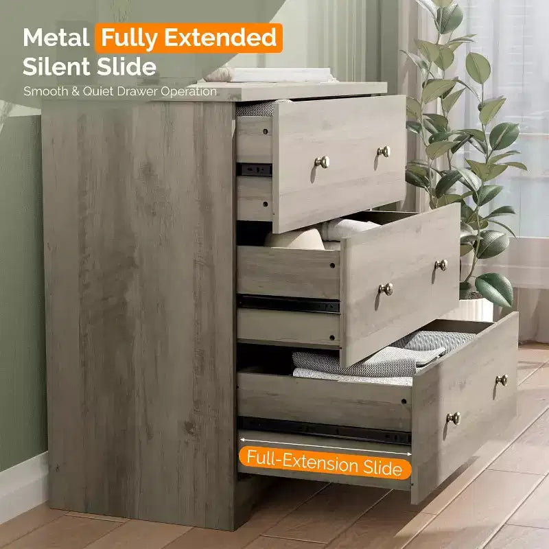 VINGLI Commode avec station de charge, commode en bois à 3 tiroirs, commode grise, chiffonnier