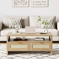 2 Storage Drawers and Open Shelf, Rattan Coffee Table, Mid Century Modern Center Table