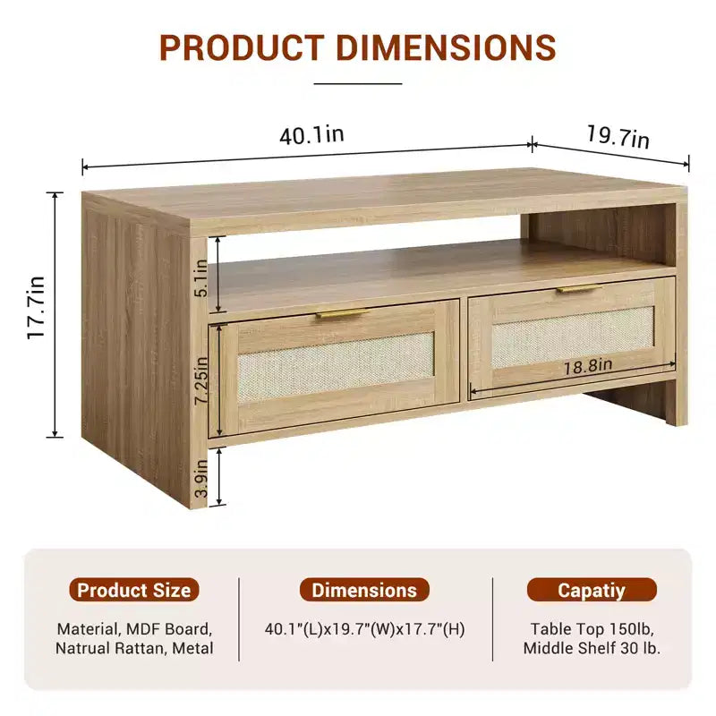 2 tiroirs de rangement et étagère ouverte, Table basse en rotin, Table basse de style moderne du milieu du siècle