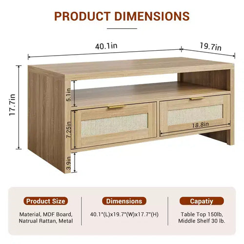 2 tiroirs de rangement et étagère ouverte, Table basse en rotin, Table basse de style moderne du milieu du siècle