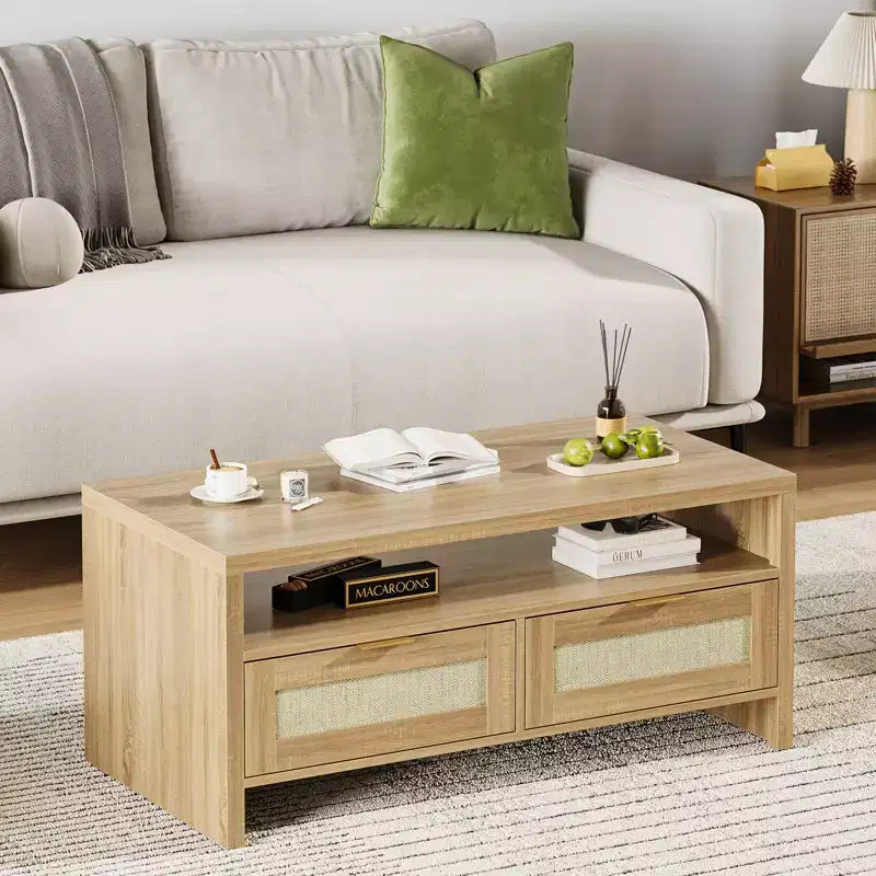 2 tiroirs de rangement et étagère ouverte, Table basse en rotin, Table basse de style moderne du milieu du siècle