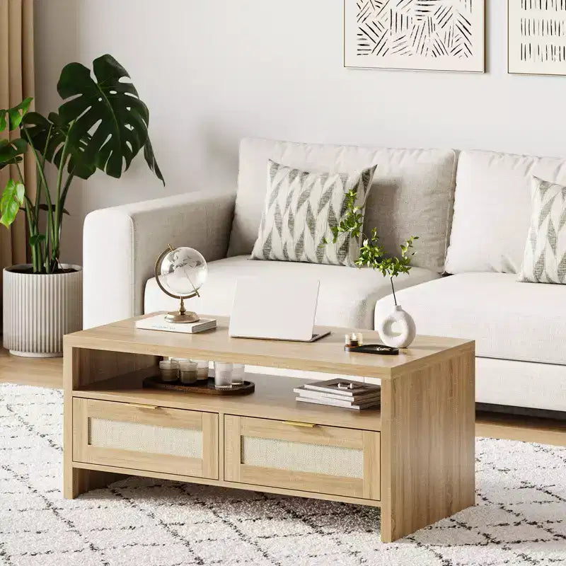 2 tiroirs de rangement et étagère ouverte, Table basse en rotin, Table basse de style moderne du milieu du siècle