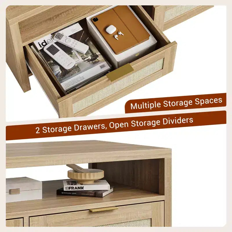 2 tiroirs de rangement et étagère ouverte, Table basse en rotin, Table basse de style moderne du milieu du siècle
