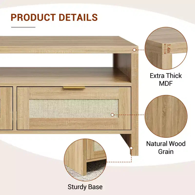 2 tiroirs de rangement et étagère ouverte, Table basse en rotin, Table basse de style moderne du milieu du siècle