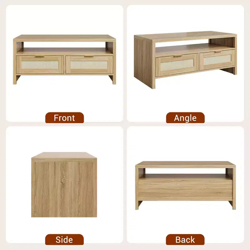2 tiroirs de rangement et étagère ouverte, Table basse en rotin, Table basse de style moderne du milieu du siècle