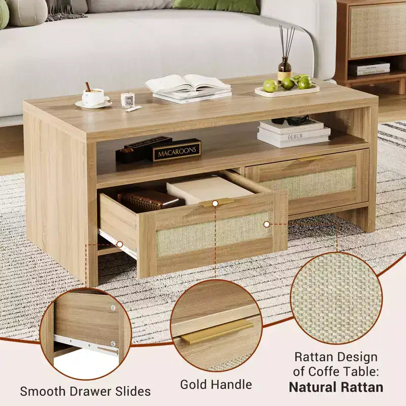 2 tiroirs de rangement et étagère ouverte, Table basse en rotin, Table basse de style moderne du milieu du siècle