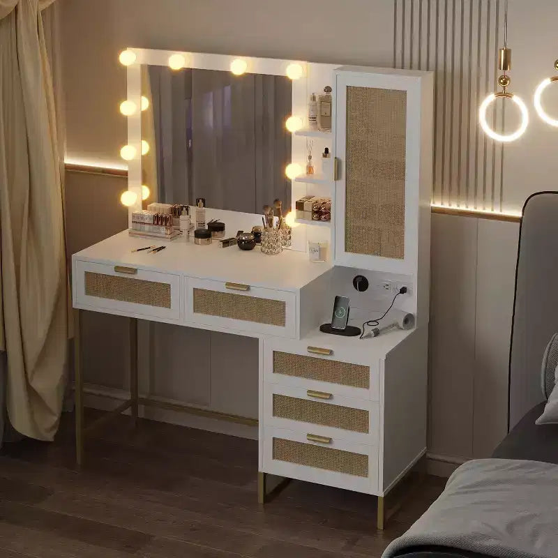 Coiffeuse avec miroir et lumières, Coiffeuse avec prise de courant, Table de maquillage à 5 tiroirs