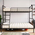 Double bunk bed frame, heavy-duty frame, with angled ladder and safety railings, space-saving design, single upper bunk and double lower bunk.