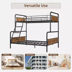 Lit superposé double, cadre robuste, avec échelle inclinée et barrières de sécurité, conception peu encombrante, lit supérieur simple et lit inférieur double.